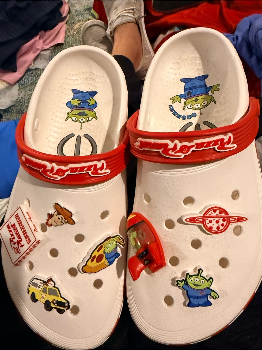 CROCS White Slip-On Mules with Red Adjustable Straps and Toy Character Charms